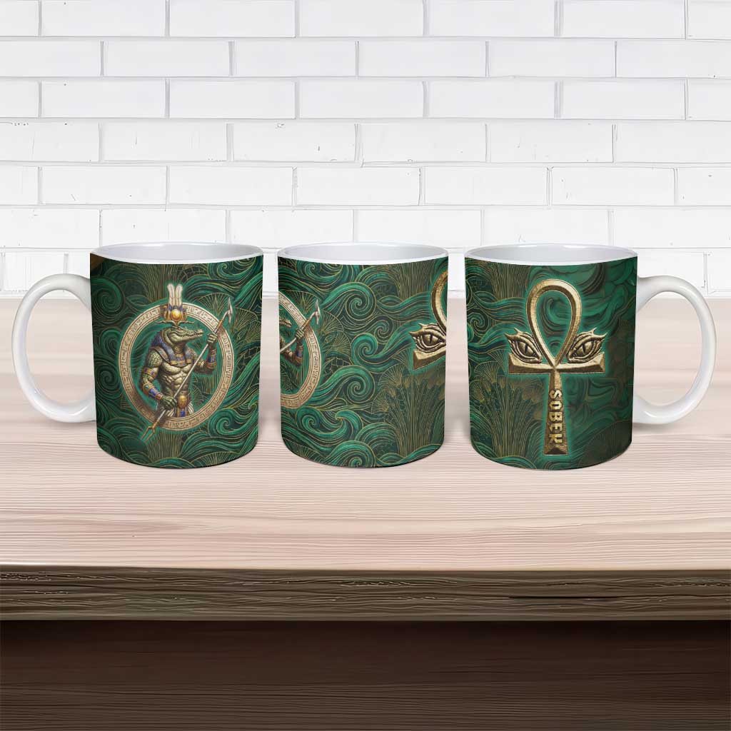 Sobek Crocodile Warrior Ceramic Mug with Ankh Ancient Egyptian Motif in Emerald