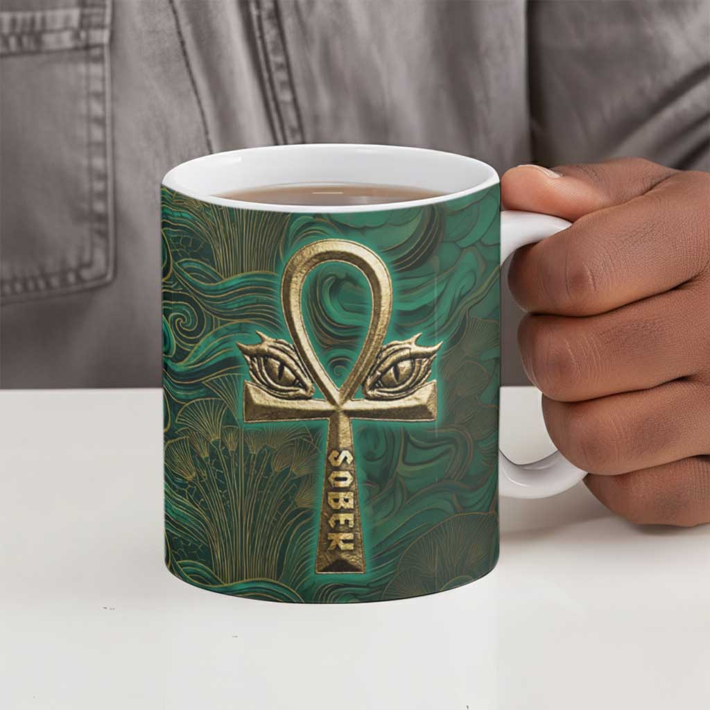 Sobek Crocodile Warrior Ceramic Mug with Ankh Ancient Egyptian Motif in Emerald