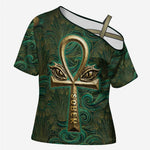 Sobek Crocodile Warrior Cross Shoulder Shirt with Ankh Ancient Egyptian Motif in Emerald