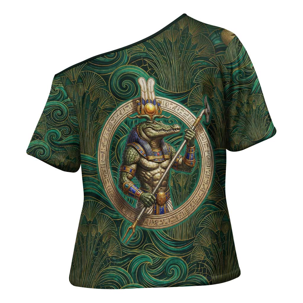 Sobek Crocodile Warrior Cross Shoulder Shirt with Ankh Ancient Egyptian Motif in Emerald