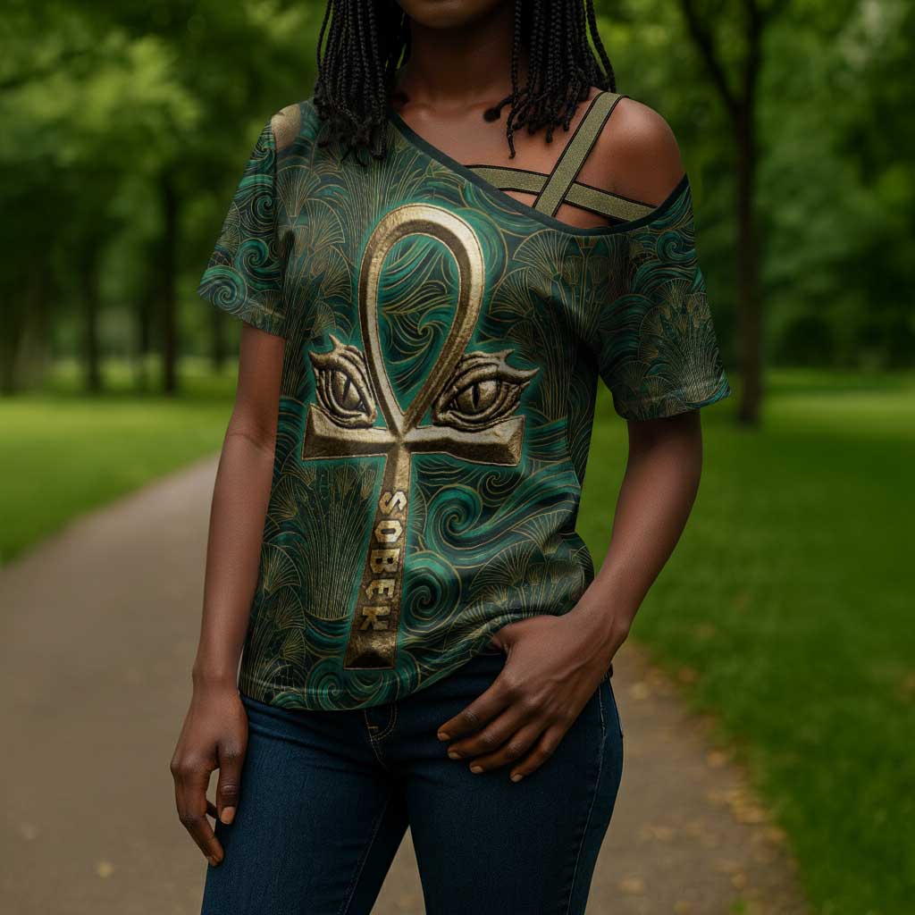 Sobek Crocodile Warrior Cross Shoulder Shirt with Ankh Ancient Egyptian Motif in Emerald