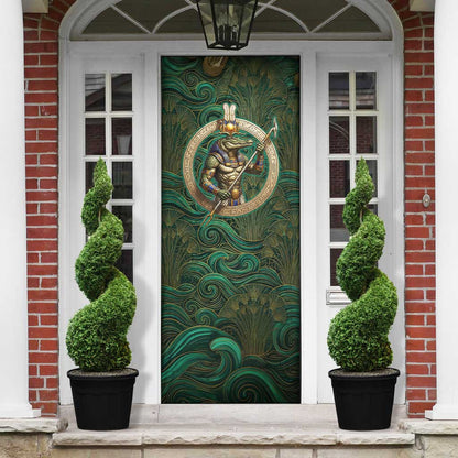 Sobek Crocodile Warrior Door Cover with Ankh Ancient Egyptian Motif in Emerald
