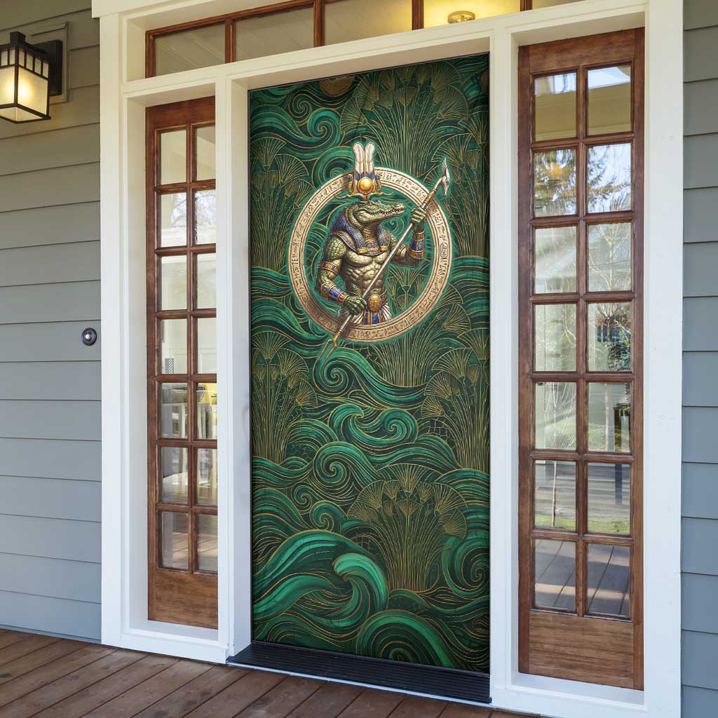 Sobek Crocodile Warrior Door Cover with Ankh Ancient Egyptian Motif in Emerald