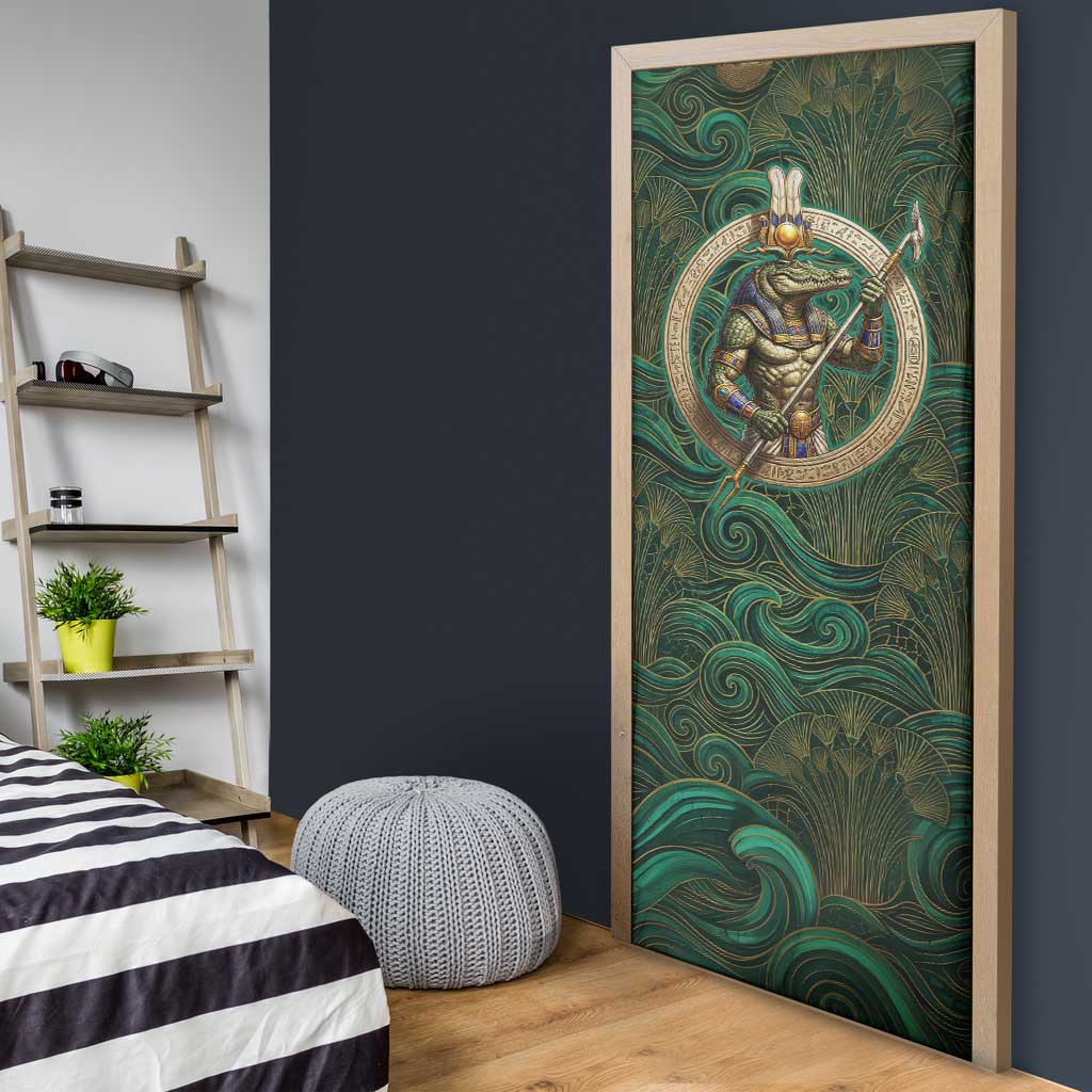 Sobek Crocodile Warrior Door Cover with Ankh Ancient Egyptian Motif in Emerald