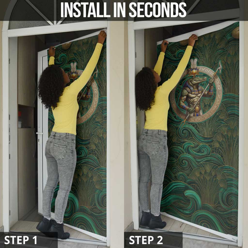 Sobek Crocodile Warrior Door Cover with Ankh Ancient Egyptian Motif in Emerald