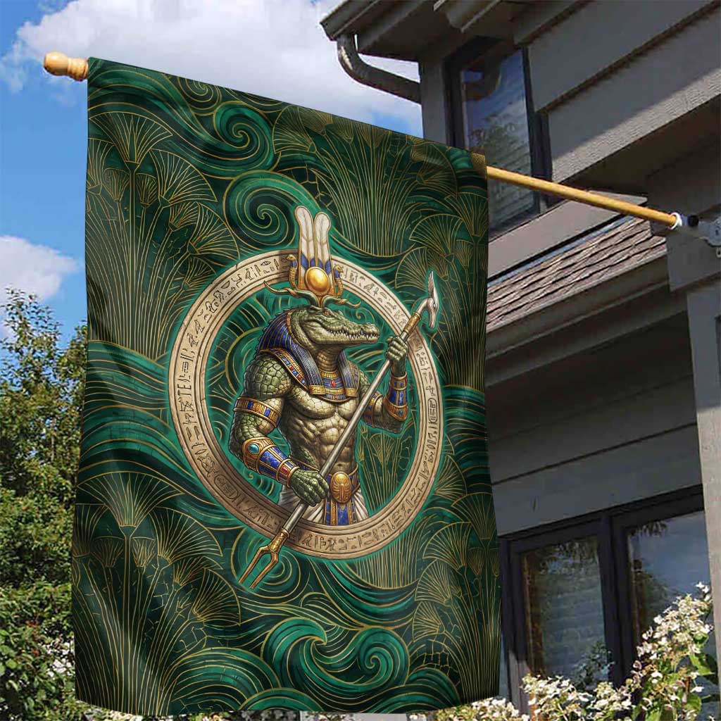 Sobek Crocodile Warrior Garden Flag with Ankh Ancient Egyptian Motif in Emerald