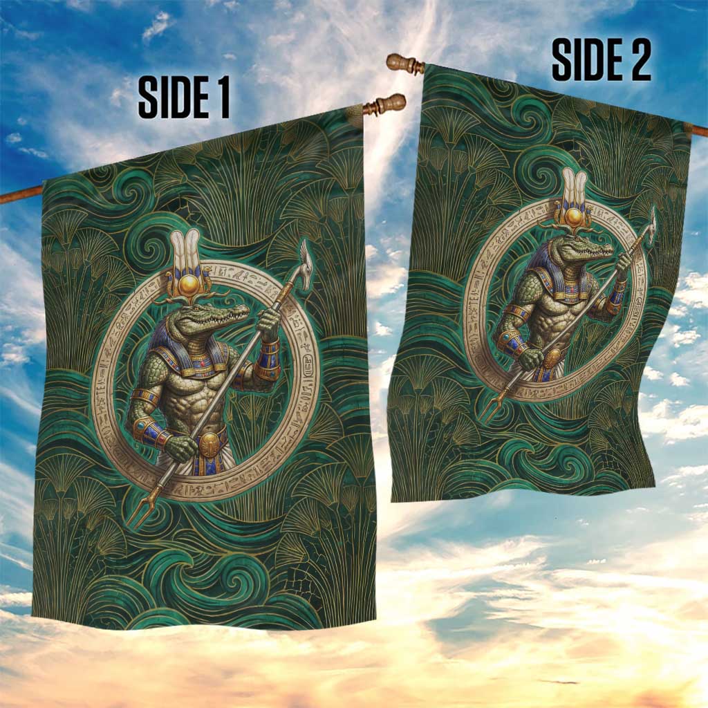 Sobek Crocodile Warrior Garden Flag with Ankh Ancient Egyptian Motif in Emerald