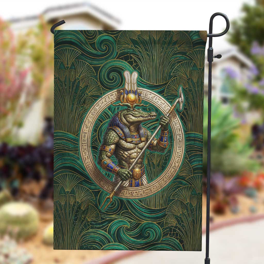 Sobek Crocodile Warrior Garden Flag with Ankh Ancient Egyptian Motif in Emerald
