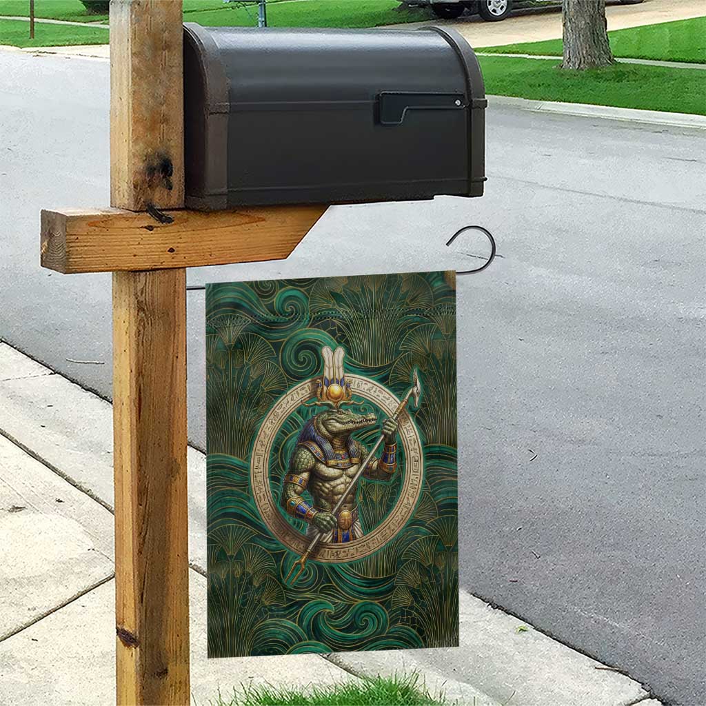 Sobek Crocodile Warrior Garden Flag with Ankh Ancient Egyptian Motif in Emerald
