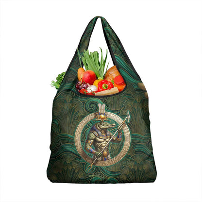 Sobek Crocodile Warrior Grocery Bag with Ankh Ancient Egyptian Motif in Emerald