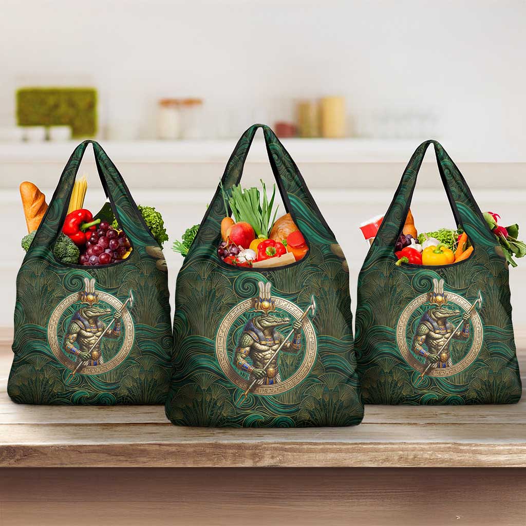 Sobek Crocodile Warrior Grocery Bag with Ankh Ancient Egyptian Motif in Emerald