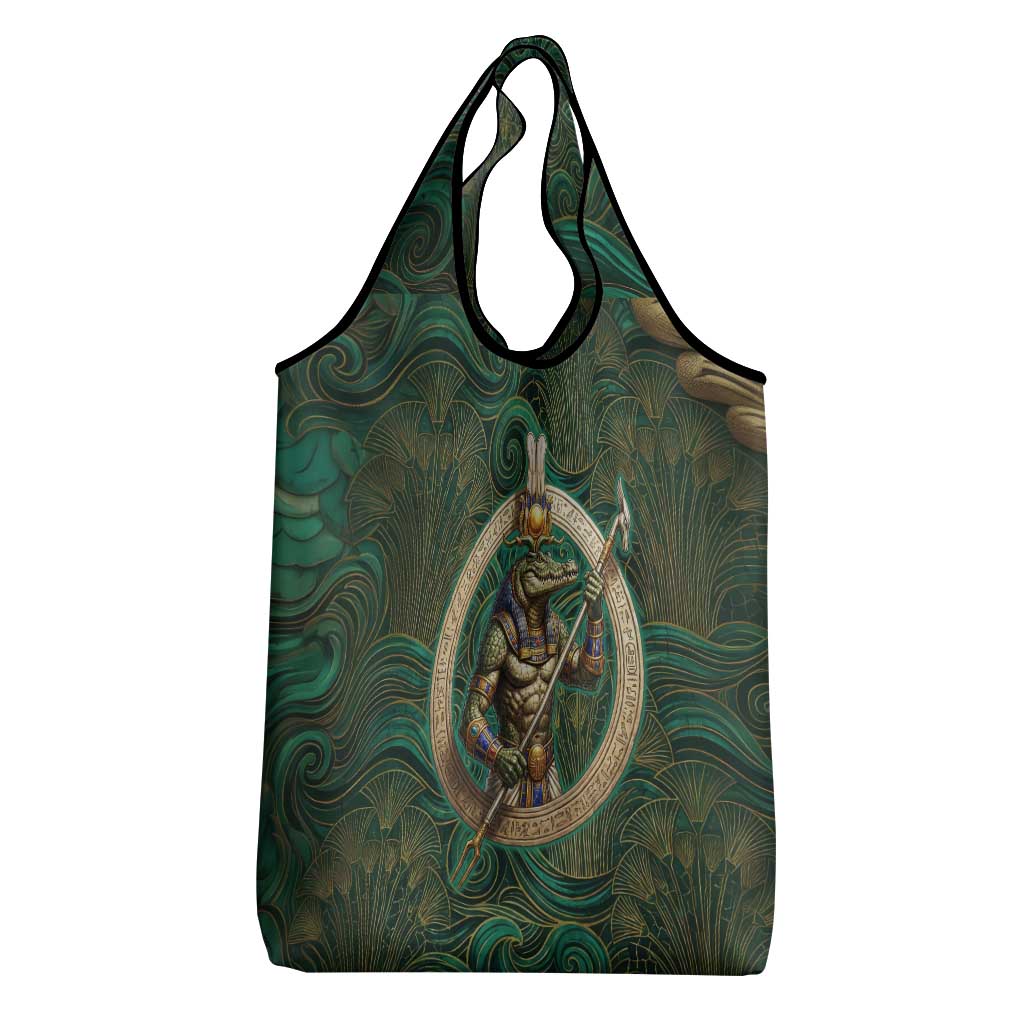 Sobek Crocodile Warrior Grocery Bag with Ankh Ancient Egyptian Motif in Emerald