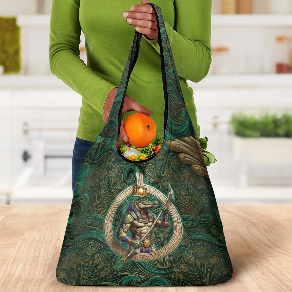 Sobek Crocodile Warrior Grocery Bag with Ankh Ancient Egyptian Motif in Emerald