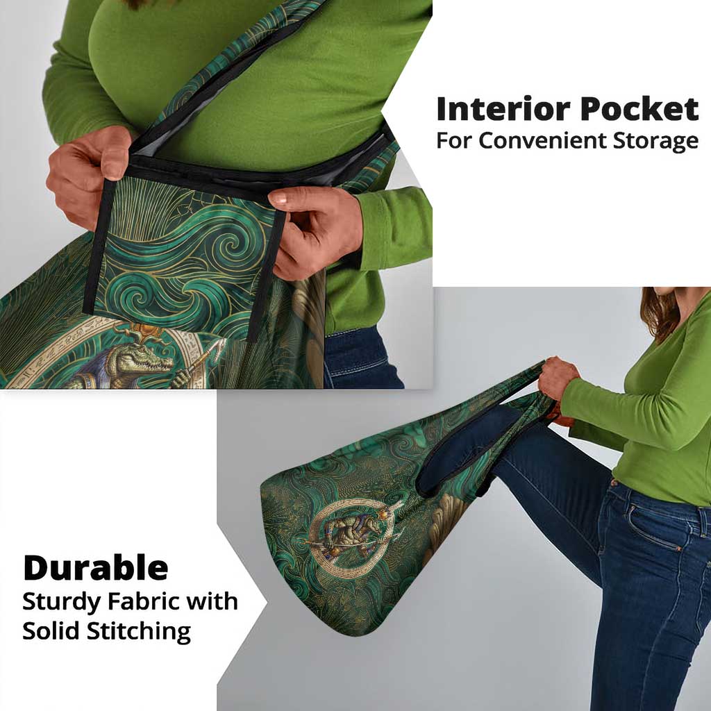 Sobek Crocodile Warrior Grocery Bag with Ankh Ancient Egyptian Motif in Emerald