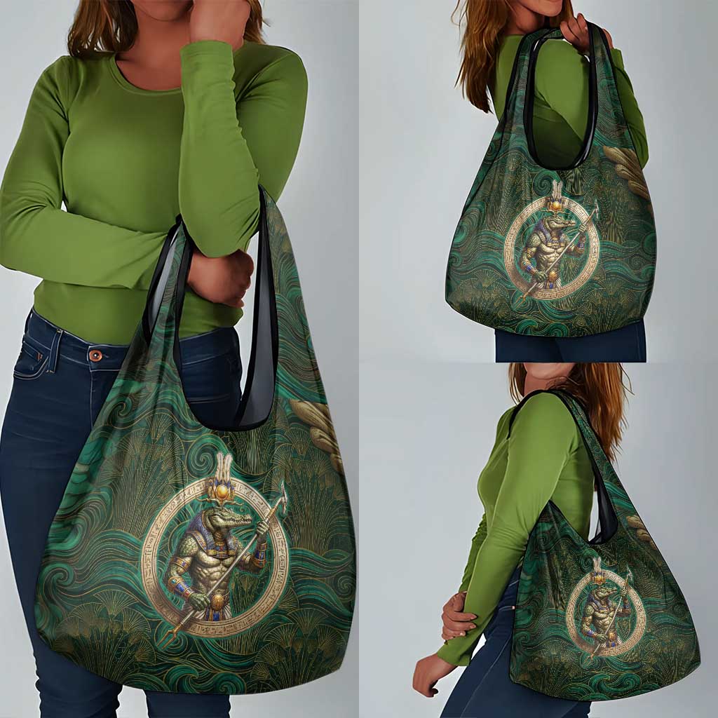 Sobek Crocodile Warrior Grocery Bag with Ankh Ancient Egyptian Motif in Emerald