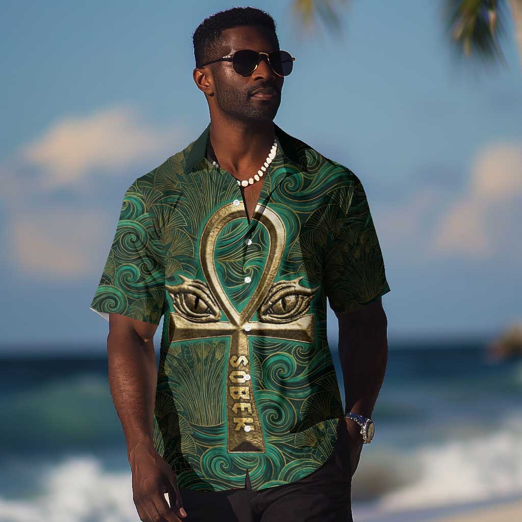 Sobek Crocodile Warrior Hawaiian Shirt with Ankh Ancient Egyptian Motif in Emerald