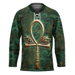Sobek Crocodile Warrior Hockey Jersey with Ankh Ancient Egyptian Motif in Emerald