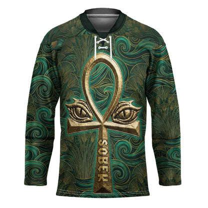 Sobek Crocodile Warrior Hockey Jersey with Ankh Ancient Egyptian Motif in Emerald