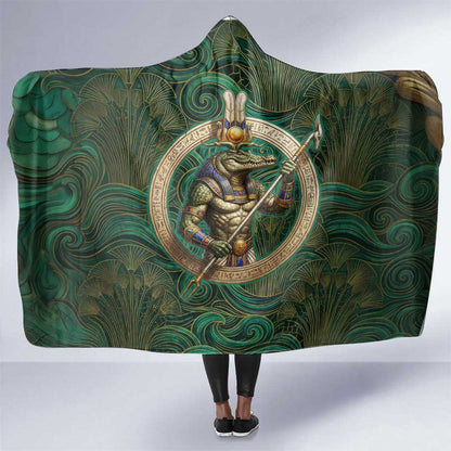 Sobek Crocodile Warrior Hooded Blanket with Ankh Ancient Egyptian Motif in Emerald