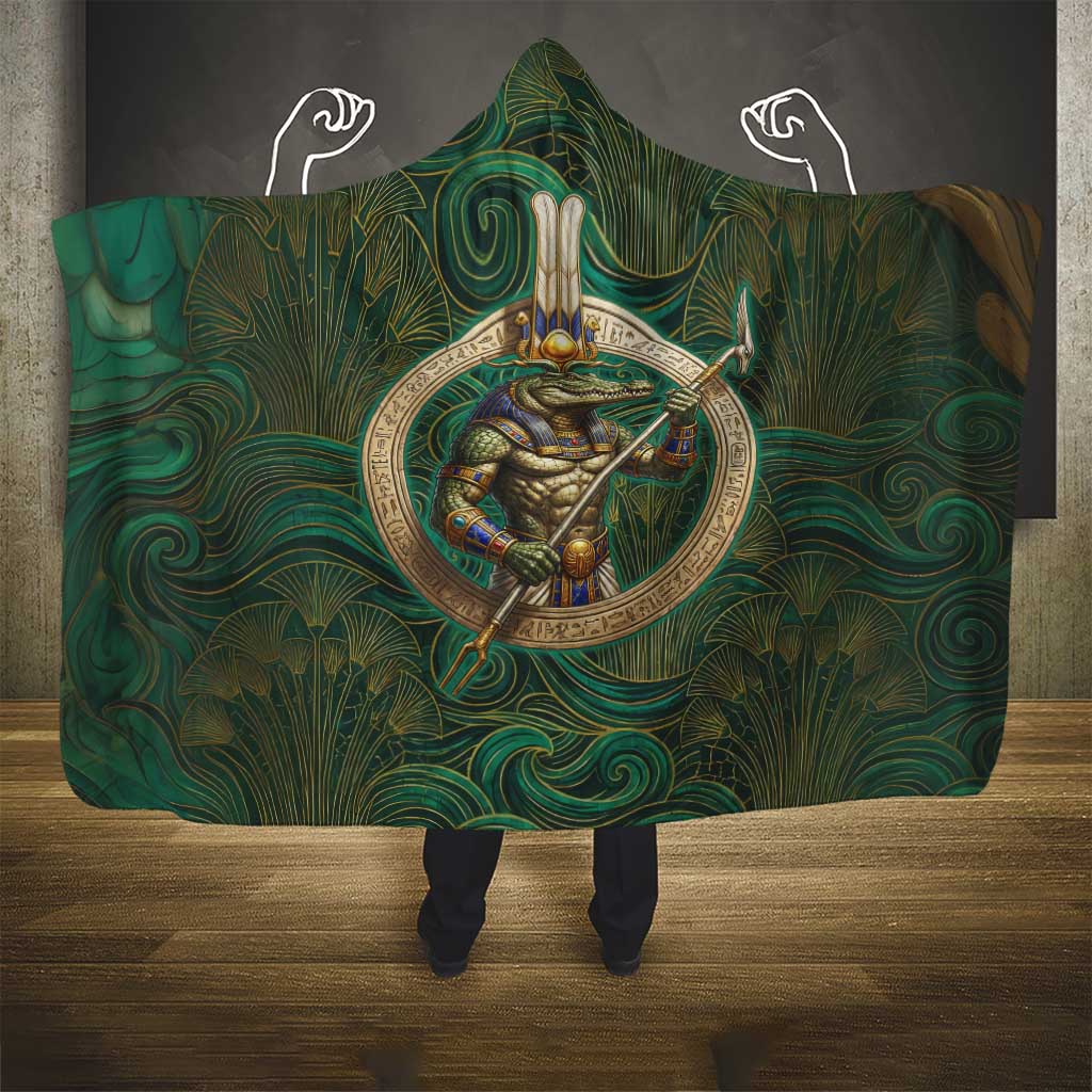 Sobek Crocodile Warrior Hooded Blanket with Ankh Ancient Egyptian Motif in Emerald