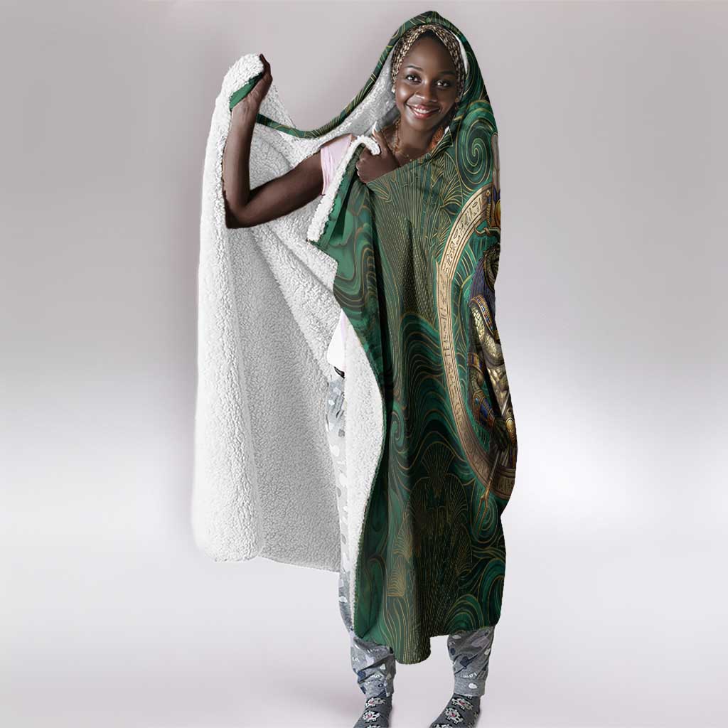 Sobek Crocodile Warrior Hooded Blanket with Ankh Ancient Egyptian Motif in Emerald