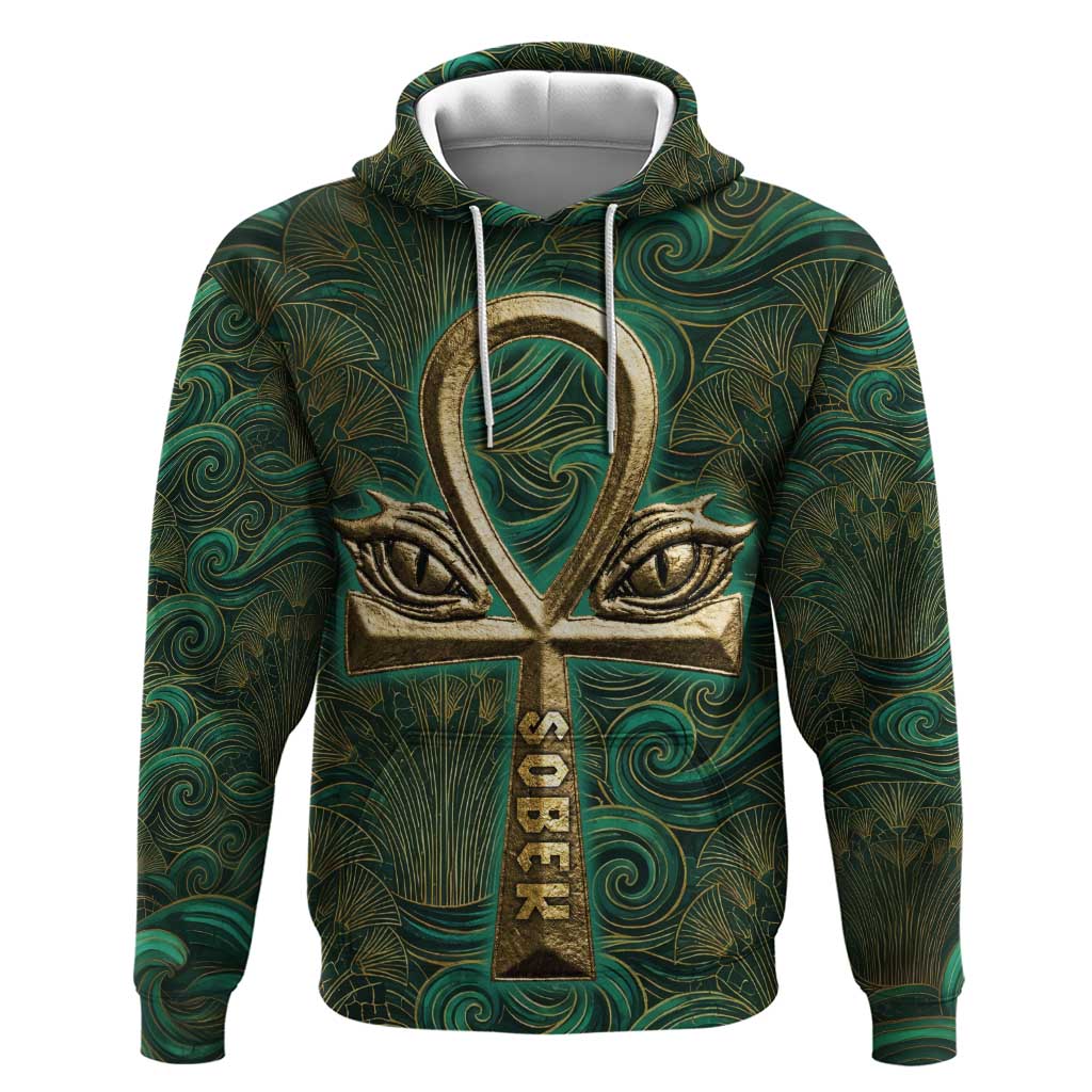 Sobek Crocodile Warrior Hoodie with Ankh Ancient Egyptian Motif in Emerald