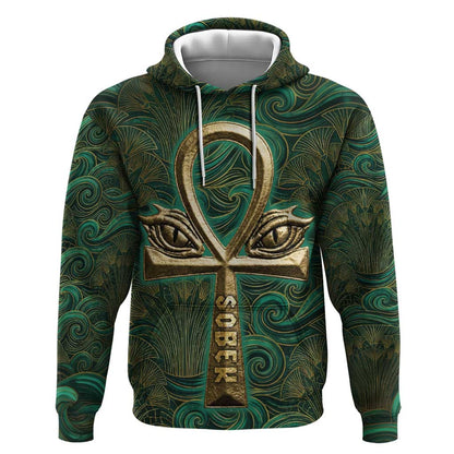Sobek Crocodile Warrior Hoodie with Ankh Ancient Egyptian Motif in Emerald