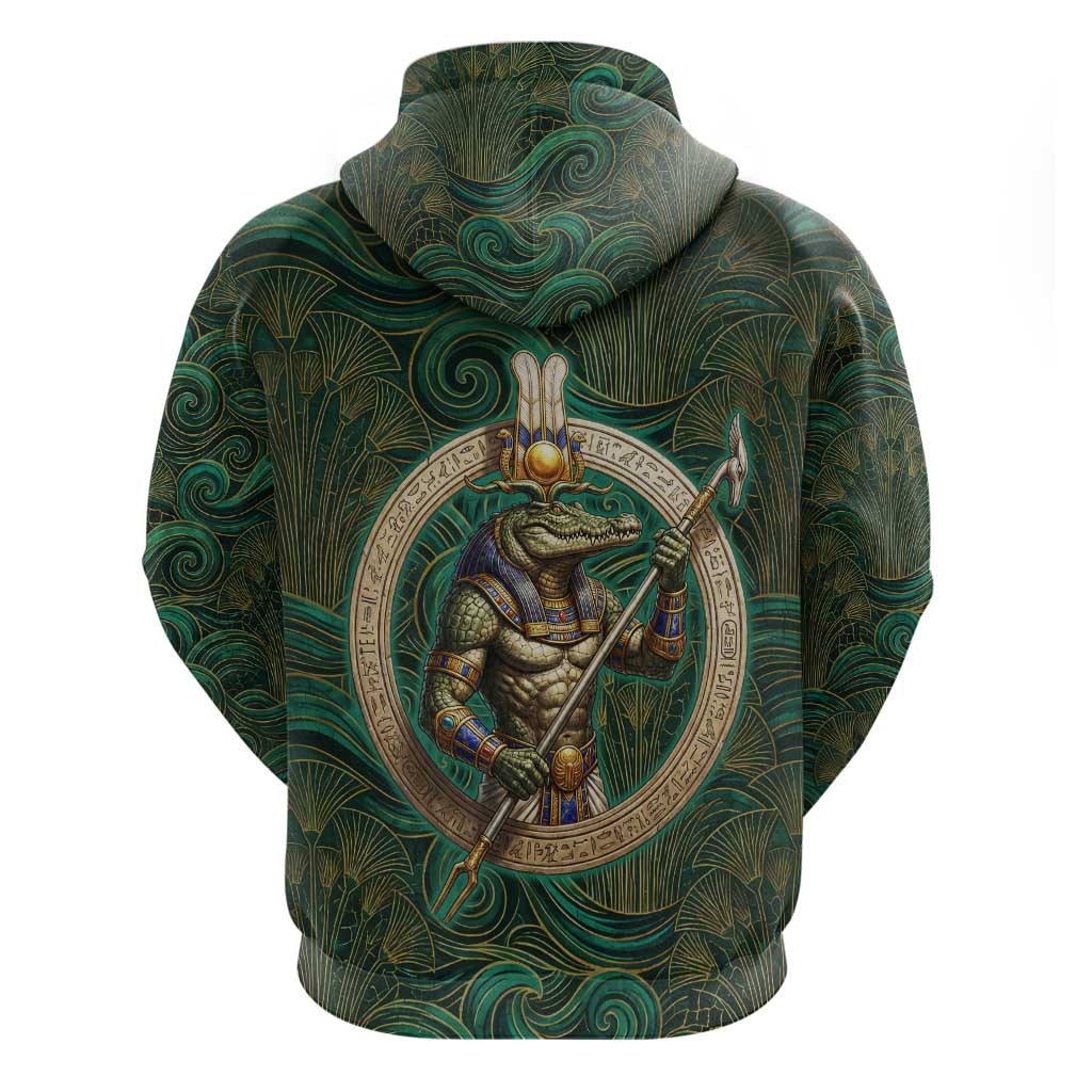 Sobek Crocodile Warrior Hoodie with Ankh Ancient Egyptian Motif in Emerald