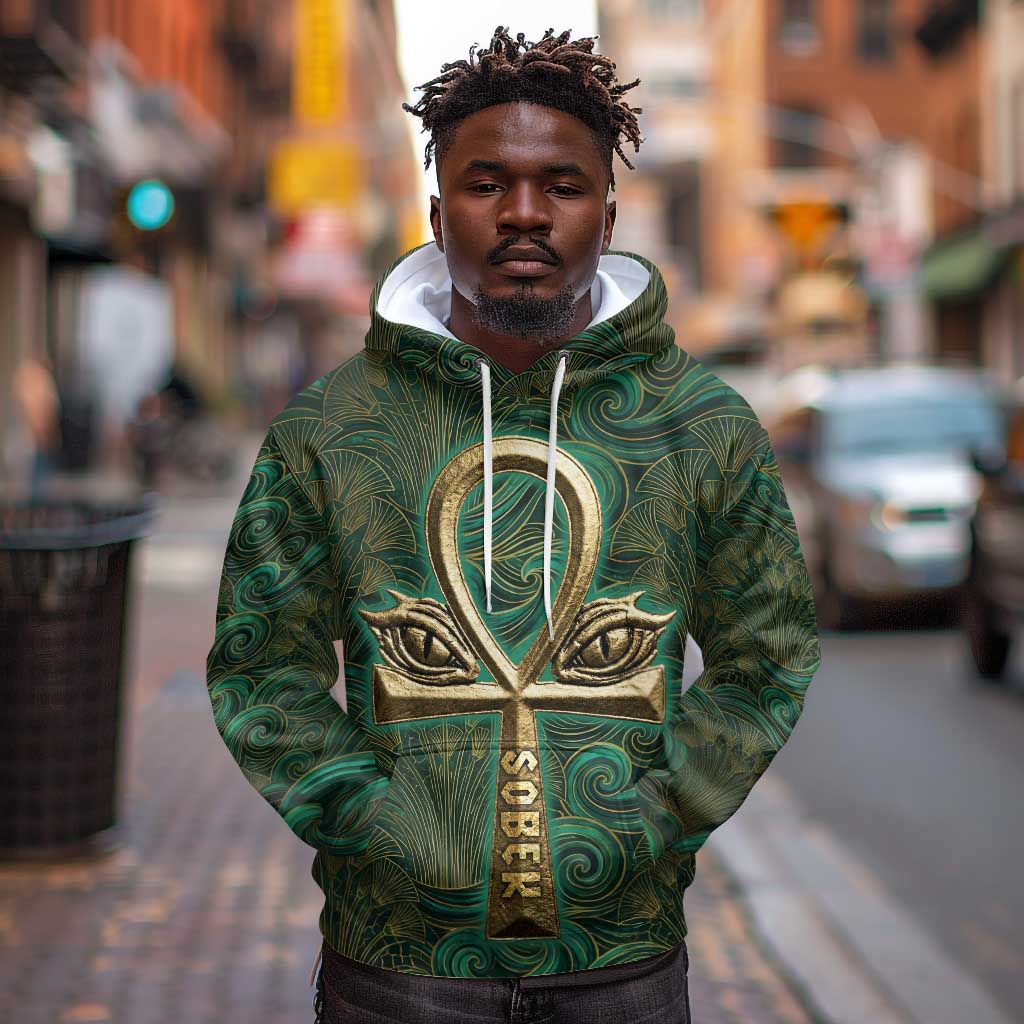 Sobek Crocodile Warrior Hoodie with Ankh Ancient Egyptian Motif in Emerald