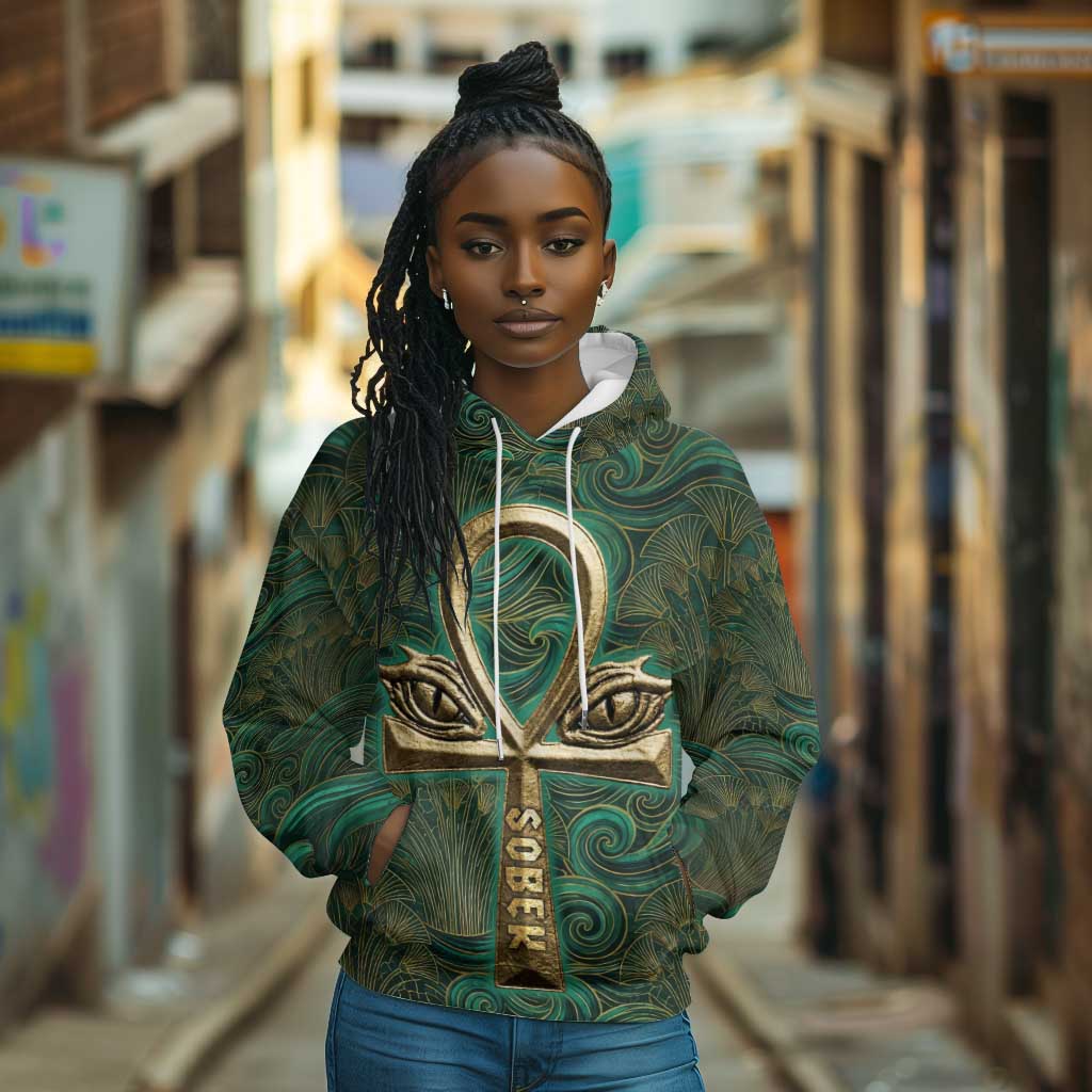 Sobek Crocodile Warrior Hoodie with Ankh Ancient Egyptian Motif in Emerald