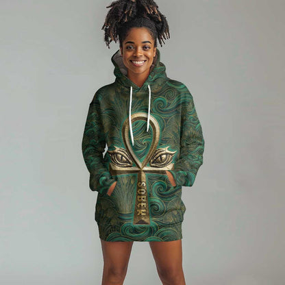 Sobek Crocodile Warrior Hoodie Dress with Ankh Ancient Egyptian Motif in Emerald
