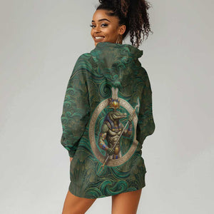 Sobek Crocodile Warrior Hoodie Dress with Ankh Ancient Egyptian Motif in Emerald
