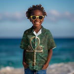 Sobek Crocodile Warrior Kid Hawaiian Shirt with Ankh Ancient Egyptian Motif in Emerald