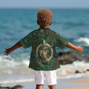 Sobek Crocodile Warrior Kid Hawaiian Shirt with Ankh Ancient Egyptian Motif in Emerald