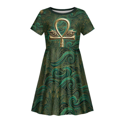 Sobek Crocodile Warrior Kid Short Sleeve Dress with Ankh Ancient Egyptian Motif in Emerald