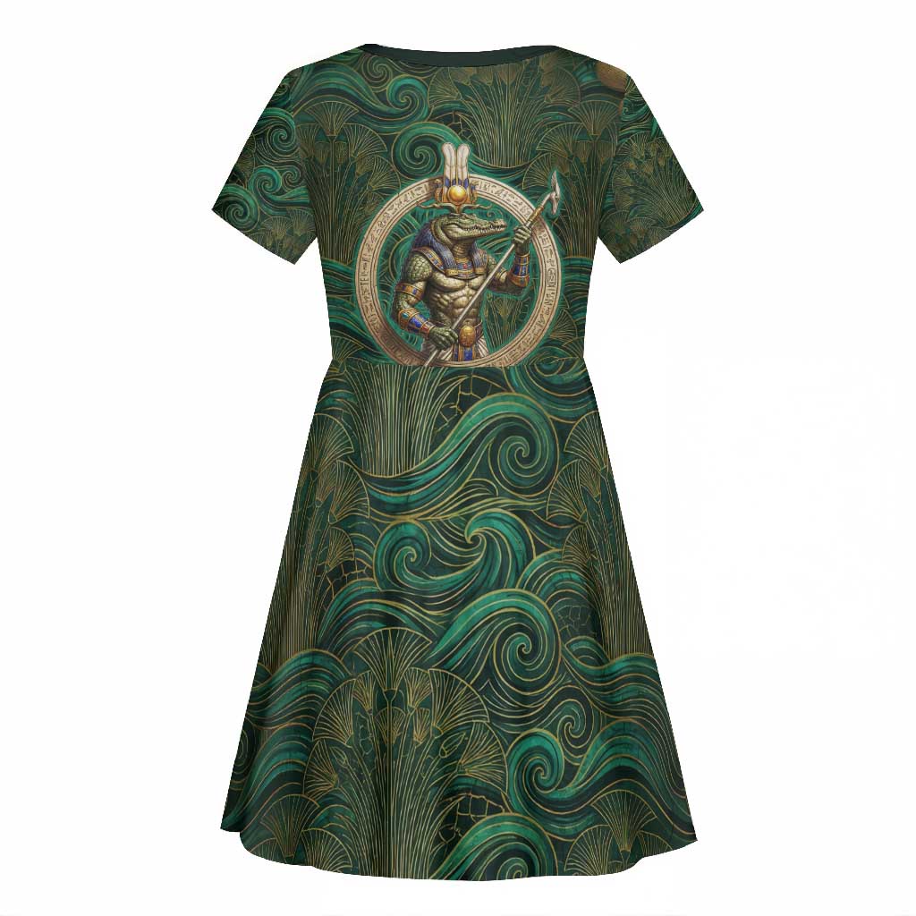 Sobek Crocodile Warrior Kid Short Sleeve Dress with Ankh Ancient Egyptian Motif in Emerald
