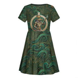 Sobek Crocodile Warrior Kid Short Sleeve Dress with Ankh Ancient Egyptian Motif in Emerald