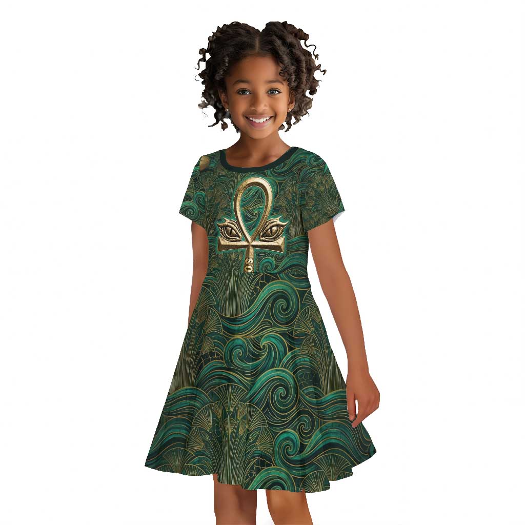 Sobek Crocodile Warrior Kid Short Sleeve Dress with Ankh Ancient Egyptian Motif in Emerald