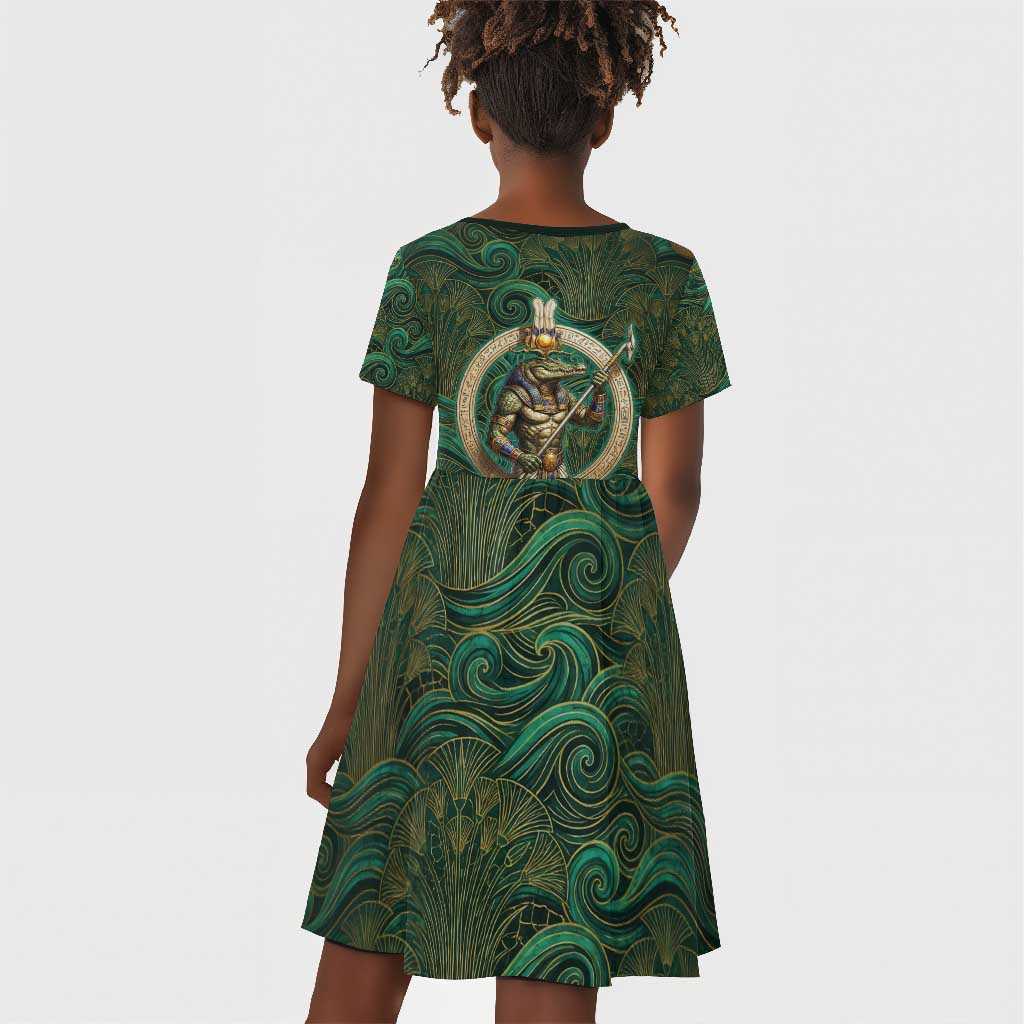Sobek Crocodile Warrior Kid Short Sleeve Dress with Ankh Ancient Egyptian Motif in Emerald
