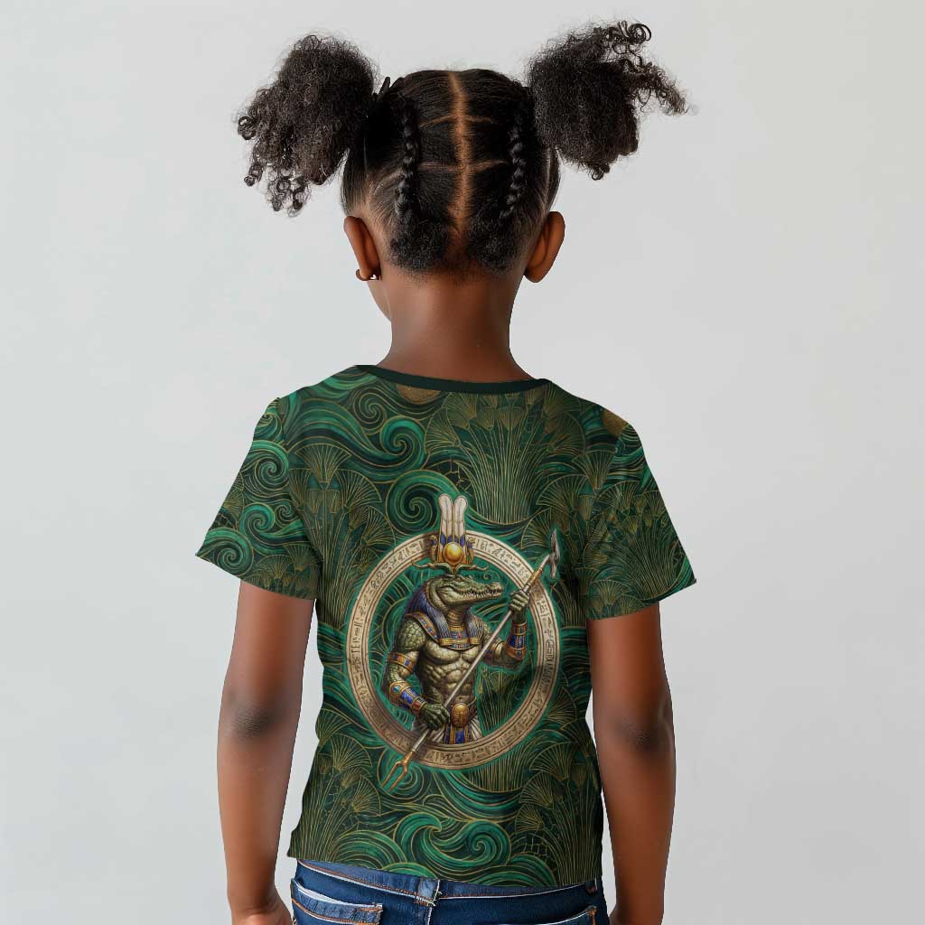 Sobek Crocodile Warrior Kid T shirt with Ankh Ancient Egyptian Motif in Emerald