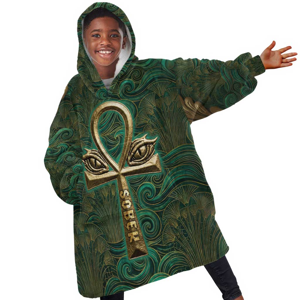 Sobek Crocodile Warrior Kid Wearable Blanket Hoodie with Ankh Ancient Egyptian Motif in Emerald