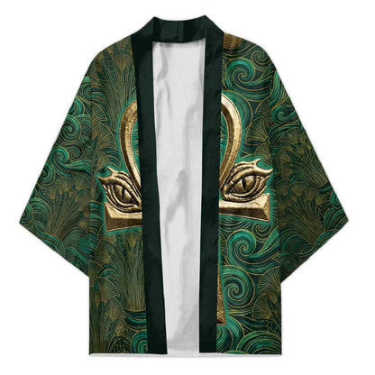 Sobek Crocodile Warrior Kimono with Ankh Ancient Egyptian Motif in Emerald