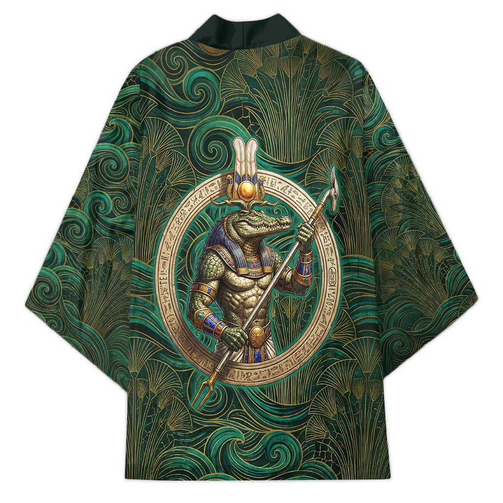 Sobek Crocodile Warrior Kimono with Ankh Ancient Egyptian Motif in Emerald