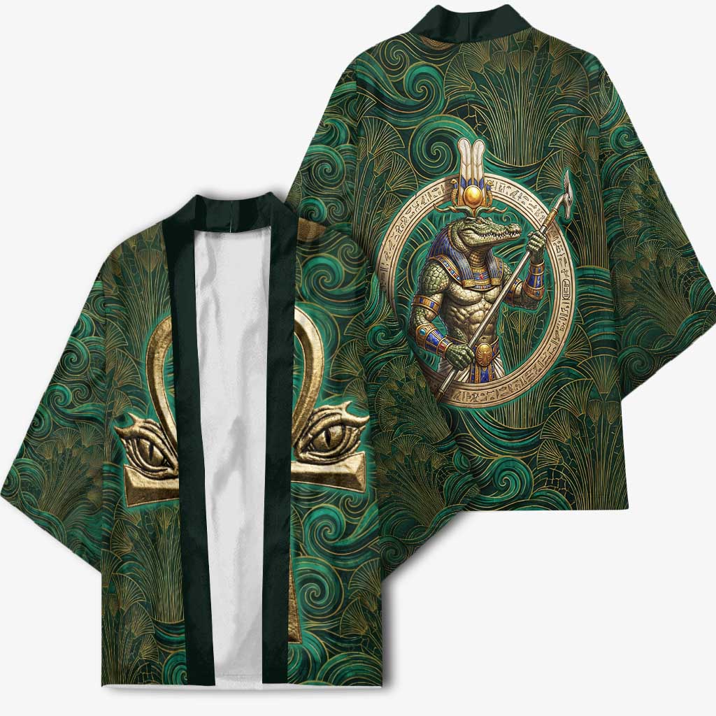 Sobek Crocodile Warrior Kimono with Ankh Ancient Egyptian Motif in Emerald