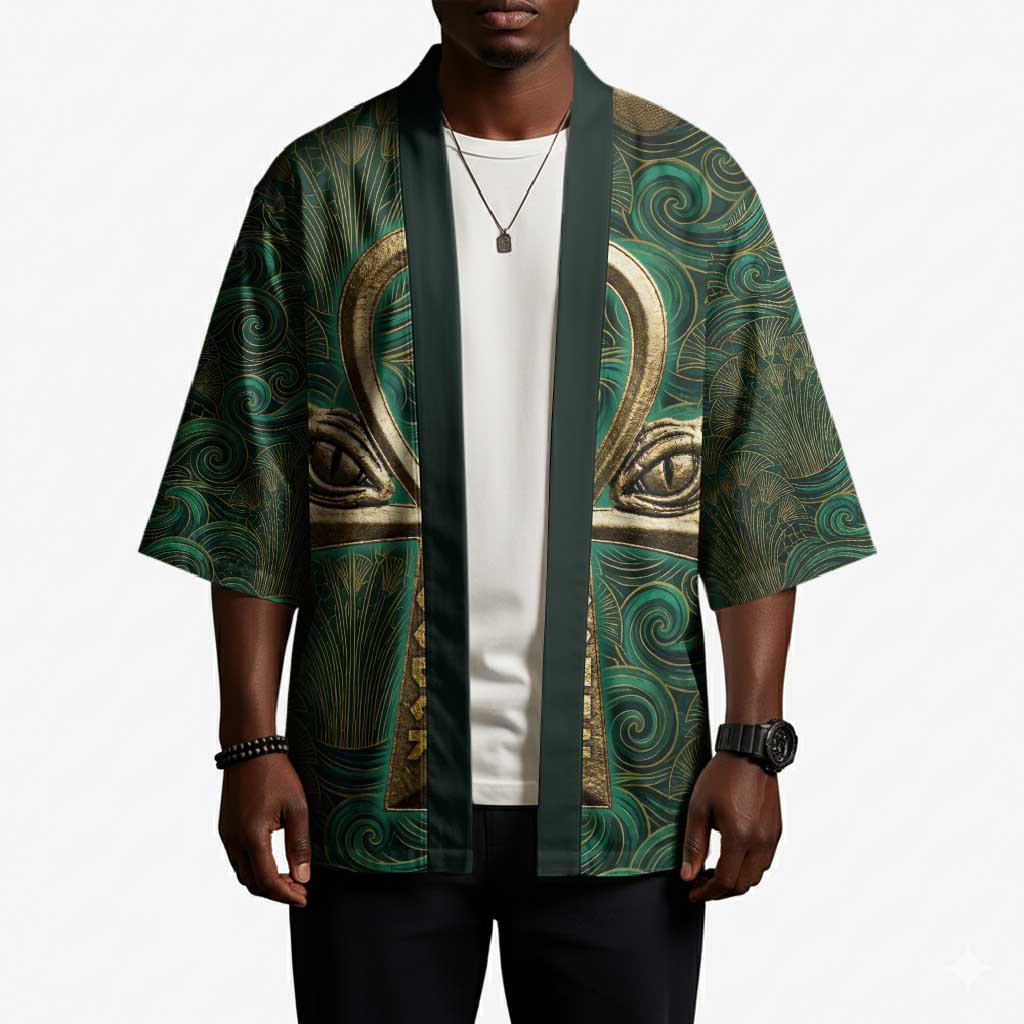 Sobek Crocodile Warrior Kimono with Ankh Ancient Egyptian Motif in Emerald