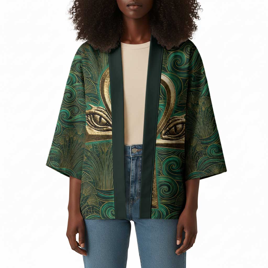 Sobek Crocodile Warrior Kimono with Ankh Ancient Egyptian Motif in Emerald