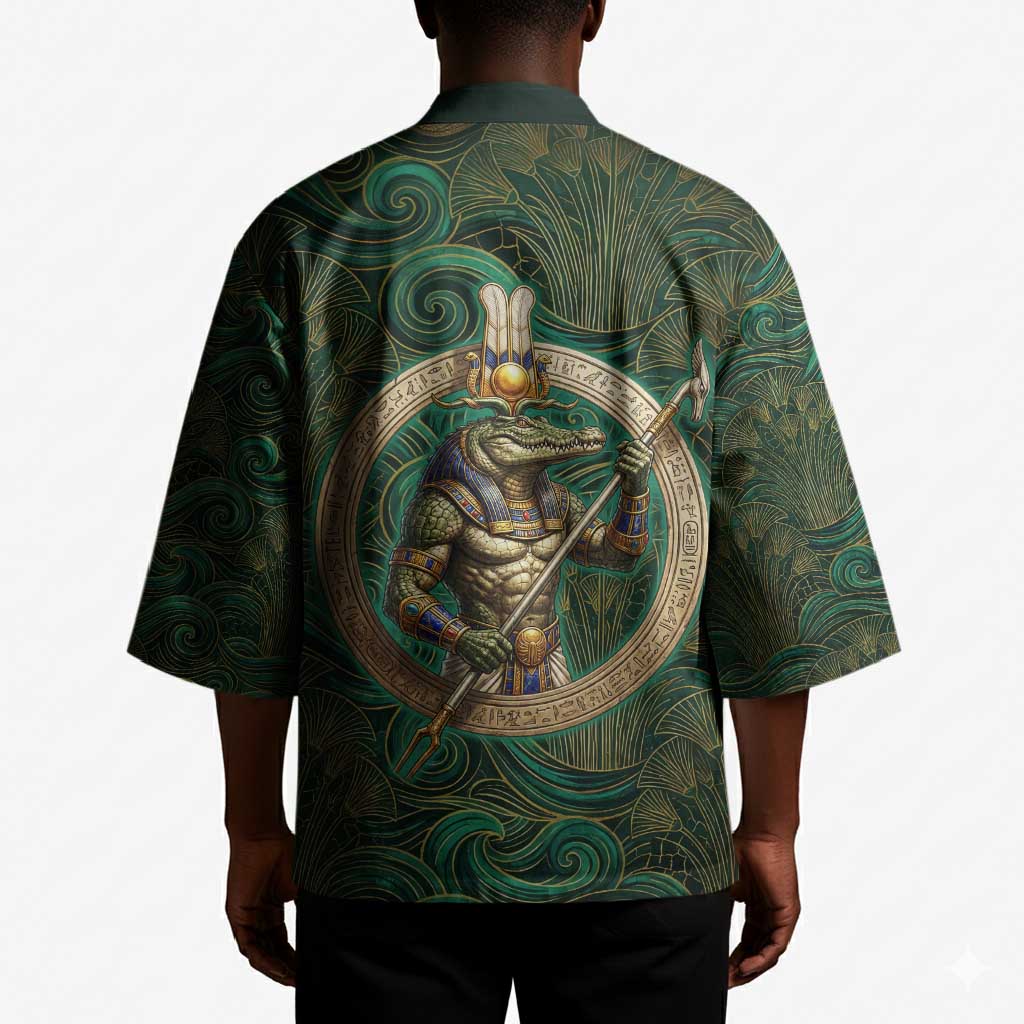 Sobek Crocodile Warrior Kimono with Ankh Ancient Egyptian Motif in Emerald
