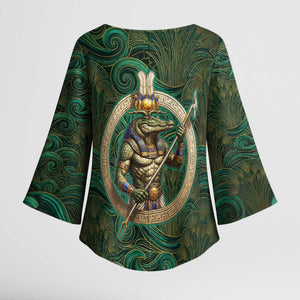Sobek Crocodile Warrior Kimono Sleeve Blouse with Ankh Ancient Egyptian Motif in Emerald