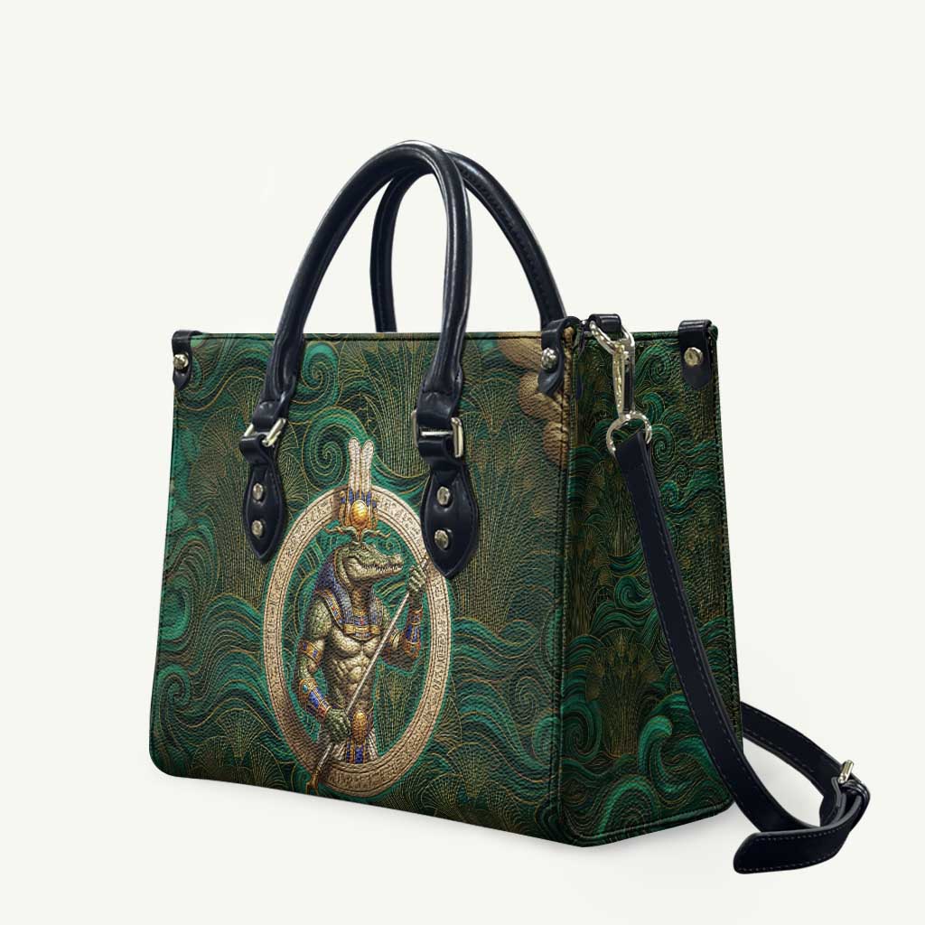 Sobek Crocodile Warrior Leather Bag with Ankh Ancient Egyptian Motif in Emerald