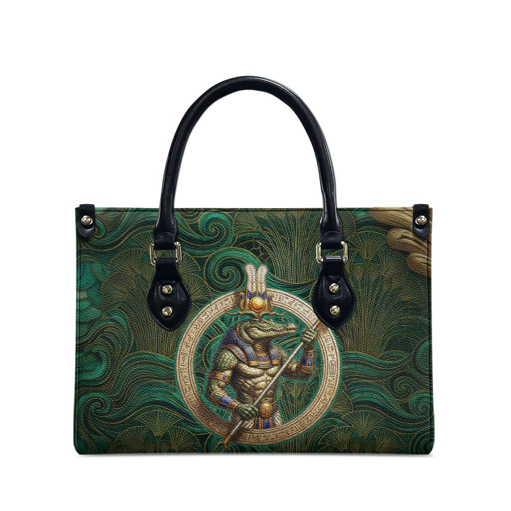 Sobek Crocodile Warrior Leather Bag with Ankh Ancient Egyptian Motif in Emerald
